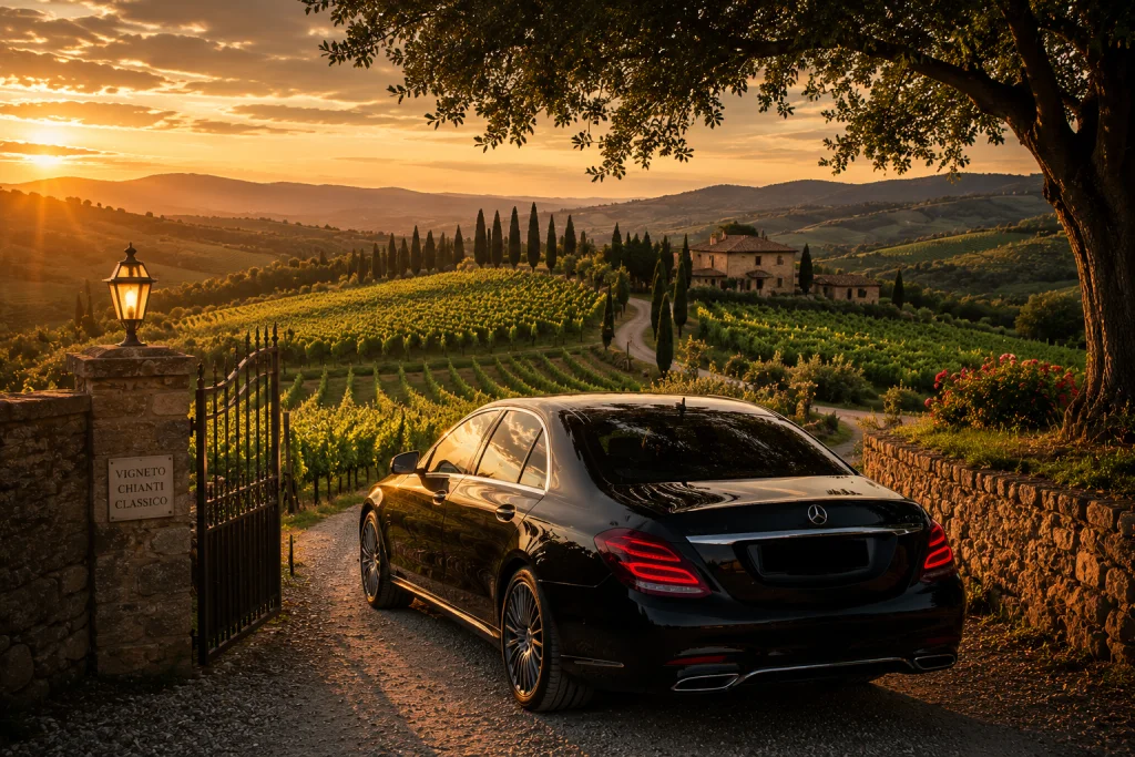 Vigneto toscano al tramonto con casale e cipressi sulla collina